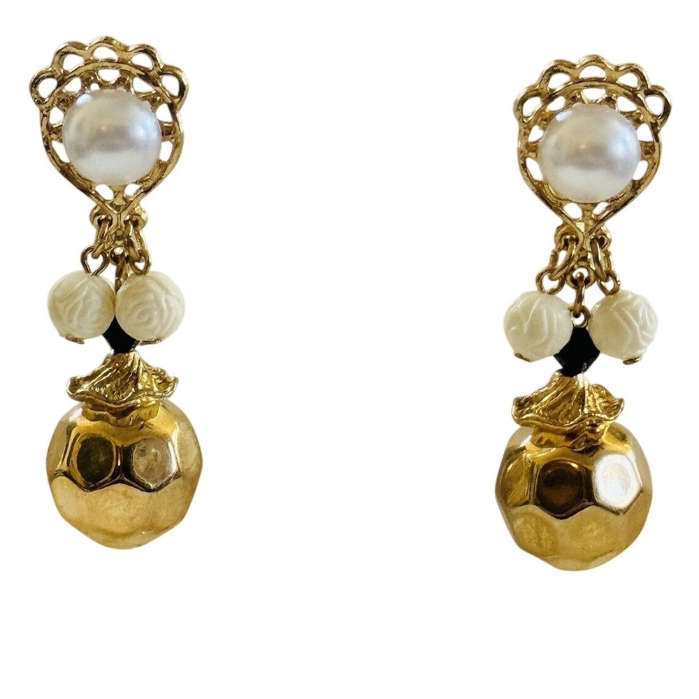 Dangle Pearl Earrings VTG Pierced Gold Tone Cabochon Statement Chunky Flashy 70s